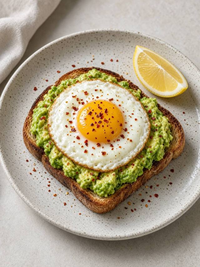 Toast topped with smashed avocado and a fried egg.