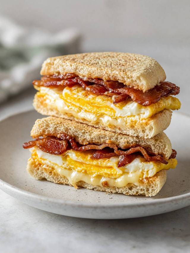 An English muffin split around a fried egg, melted cheddar, and two strips of bacon.