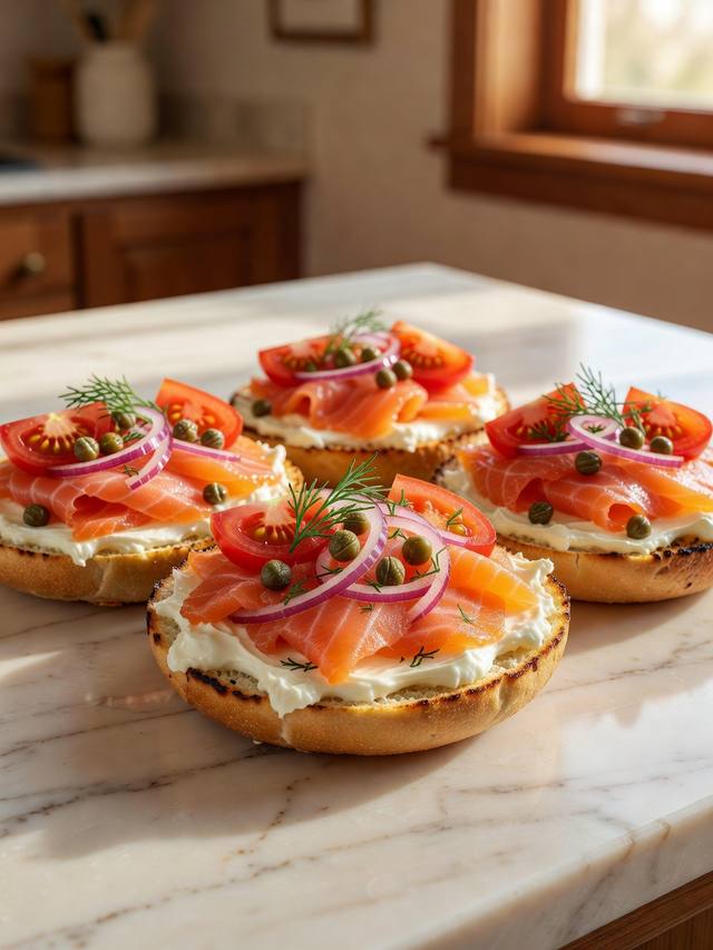 Split toasted bagels spread with cream cheese and topped with smoked salmon, red onion, capers, tomato, and dill