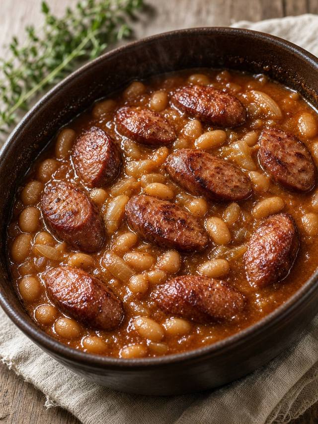 Pot of baked beans with smoked sausage and onion.