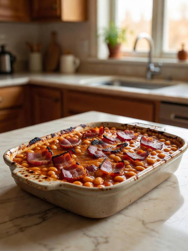 Baking dish of thick baked beans with pieces of bacon and a darkened top