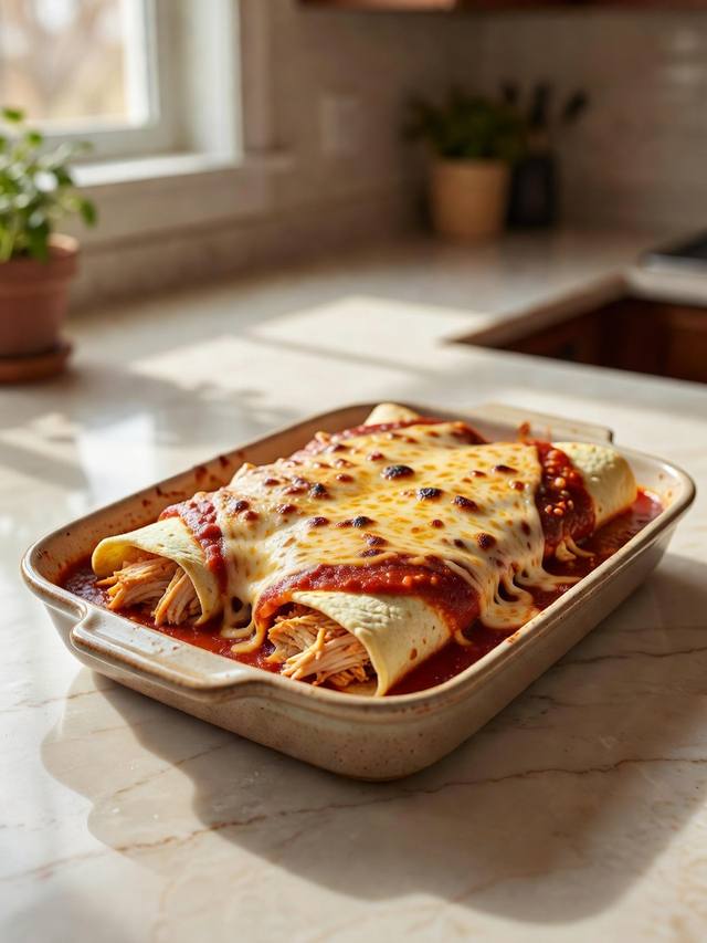 Rolled chicken enchiladas covered in red sauce and melted cheese in a baking dish