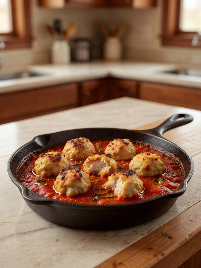 Baked chicken meatballs in a skillet of warm marinara sauce