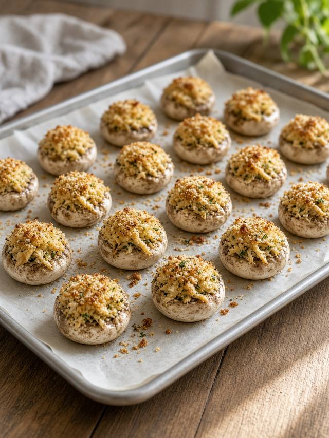 Golden baked mushroom caps filled with crab stuffing on a baking dish