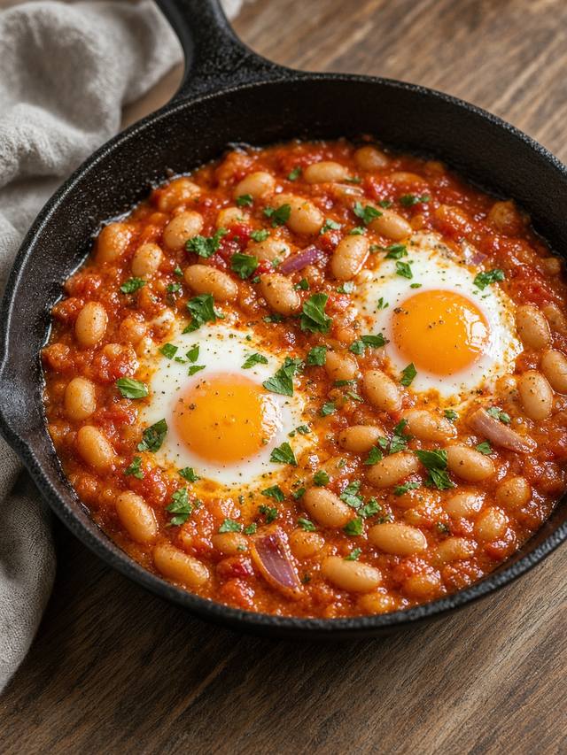 Eggs baked in a skillet of tomatoey beans