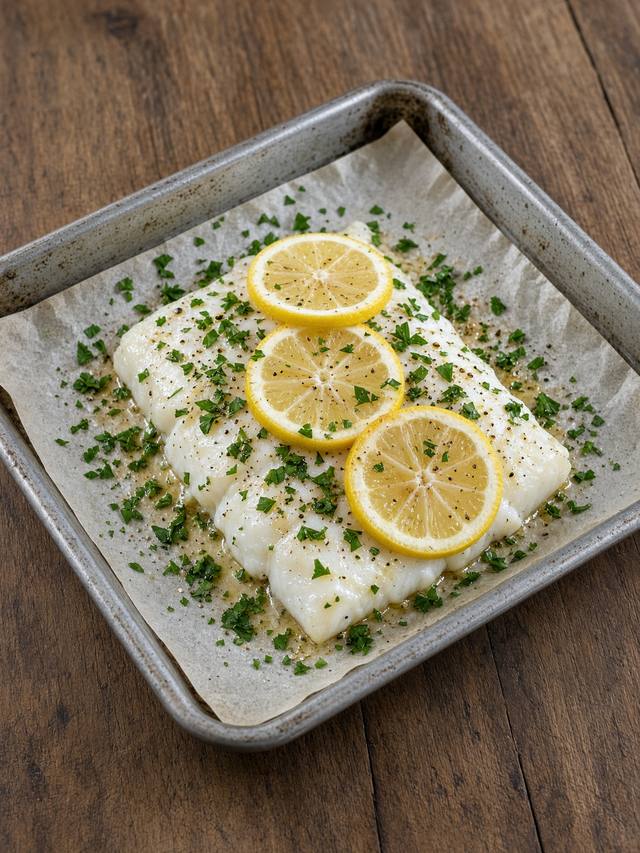 Baked cod fillets with lemon slices and chopped parsley on a sheet pan