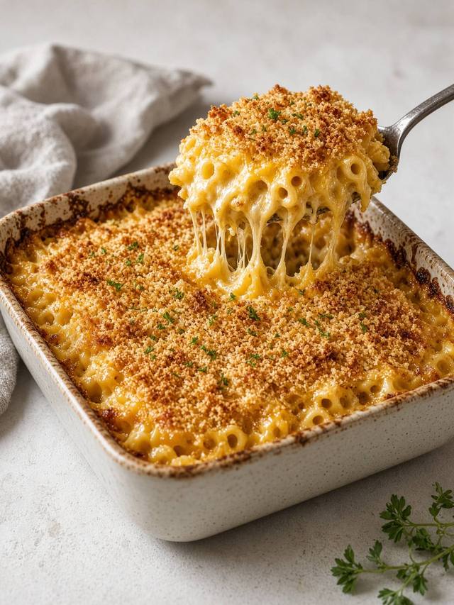 Baked macaroni and cheese with a golden breadcrumb top.