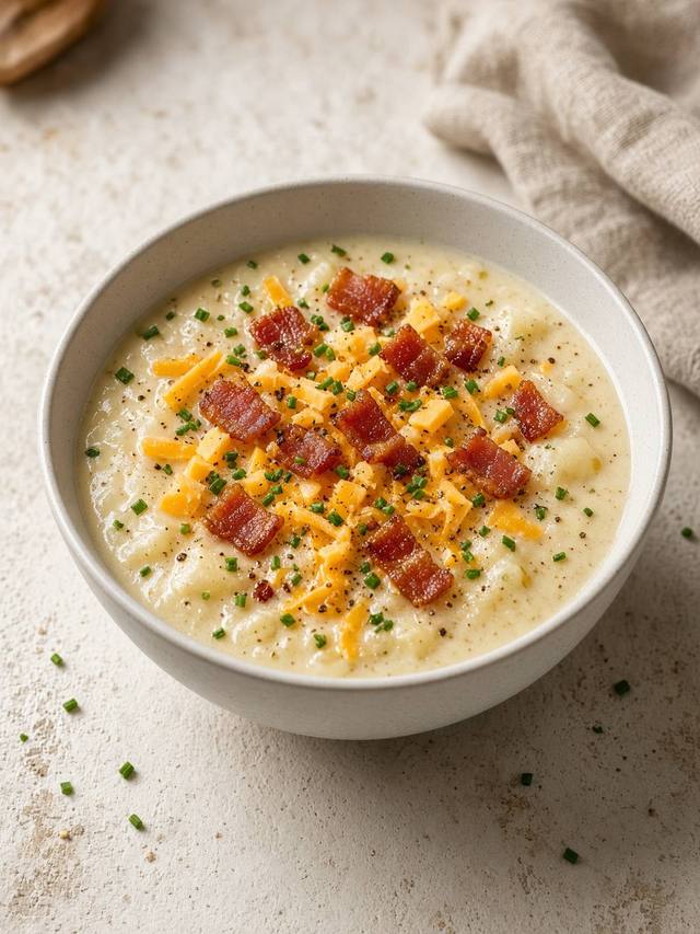 A bowl of creamy potato soup topped with cheddar, bacon, and chives.