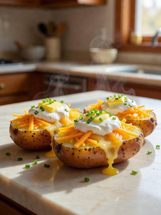 Split baked russet potatoes topped with butter, sour cream, cheddar, and chives