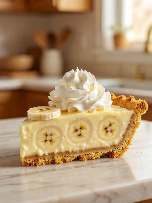 Slice of banana cream pie with a graham crust, banana slices in pale pudding, and whipped cream on top