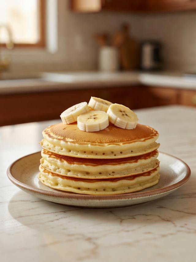 Stack of banana pancakes with sliced banana on a plate