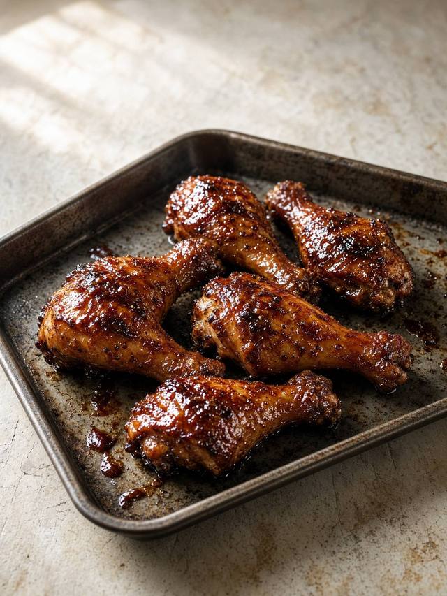 Lacquered barbecue chicken drumsticks on a sheet pan.