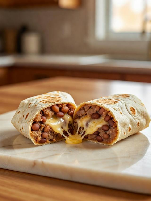 Bean burritos sliced open to show mashed pinto beans and melted cheese