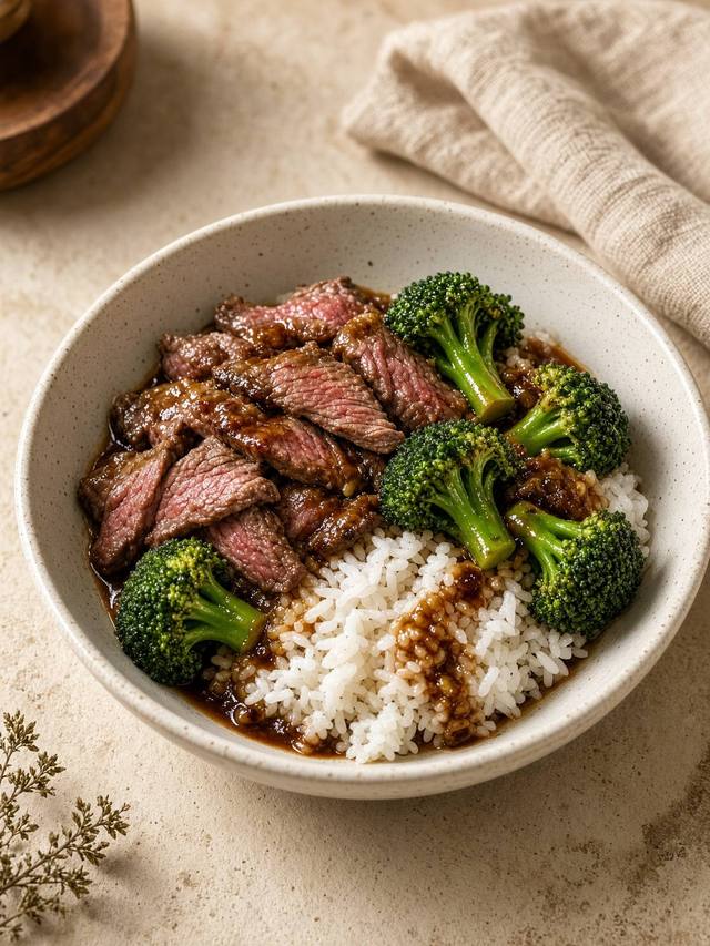 Sliced beef and broccoli in a brown sauce over rice.
