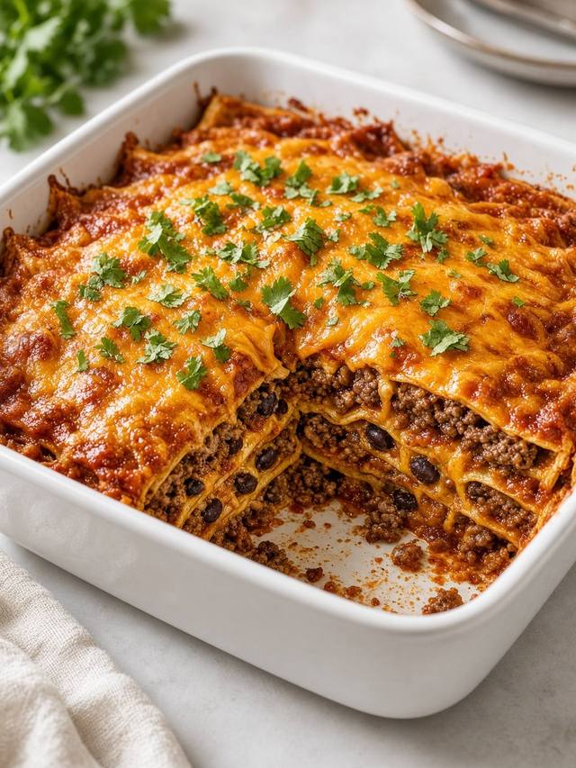 A rectangular baking dish cut into squares, showing corn tortilla, crumbled beef, and black beans under red sauce and a layer of melted cheddar, with a few cilantro leaves on top.