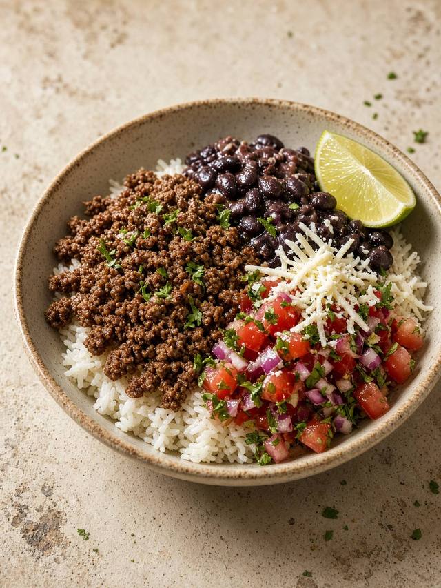 A bowl of rice, seasoned ground beef, black beans, salsa, cheese, and lime.