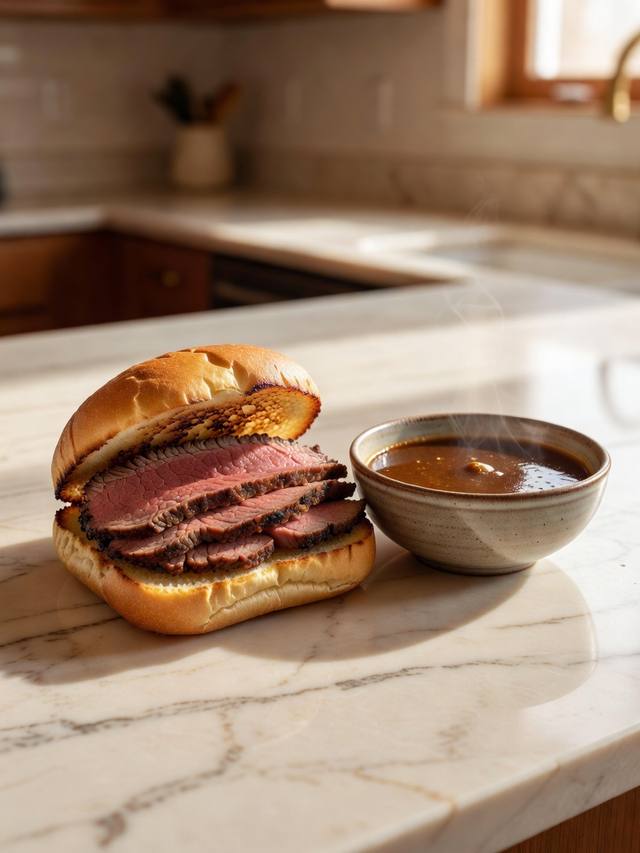 Sliced roast beef on a toasted roll beside a small bowl of dark au jus