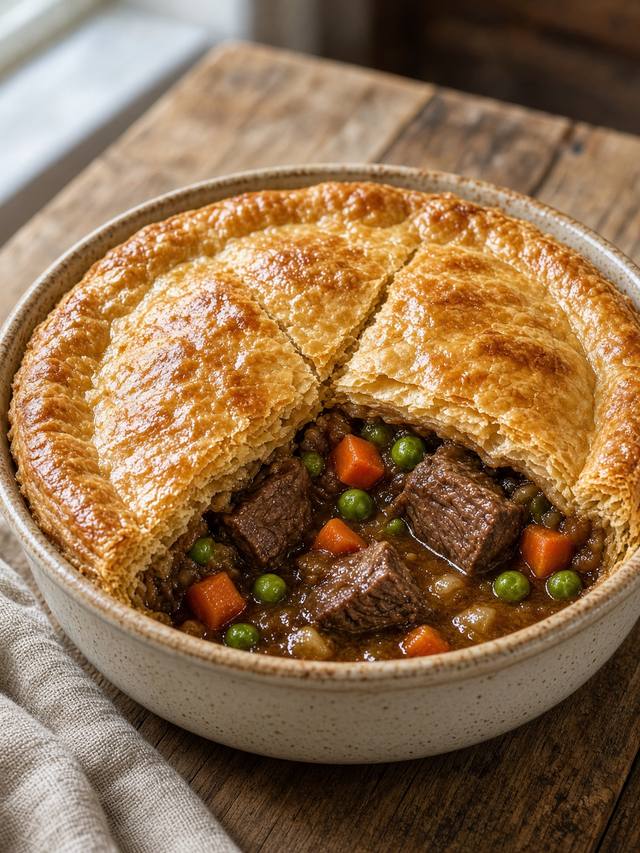 Beef pot pie with a golden puff pastry lid
