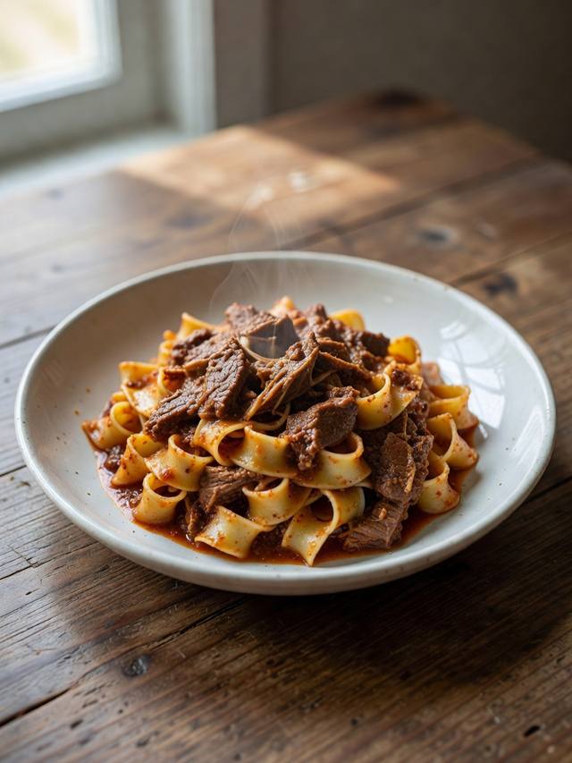 Pappardelle noodles topped with thick beef ragu and grated cheese