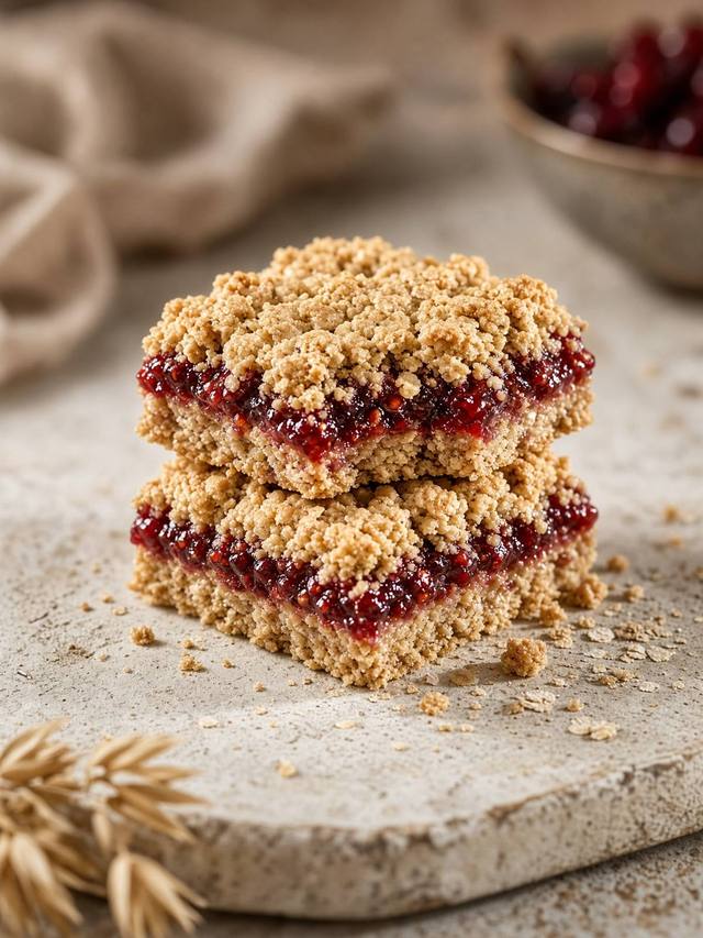 Cut berry crumble bars with an oat topping and a jammy fruit center.