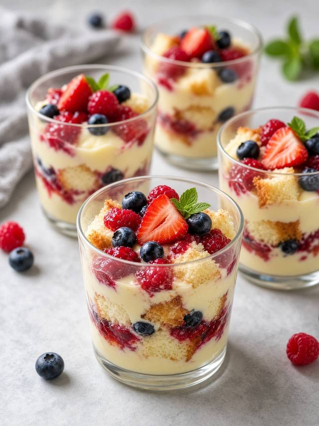 A glass cup of berry trifle with cake and pudding.