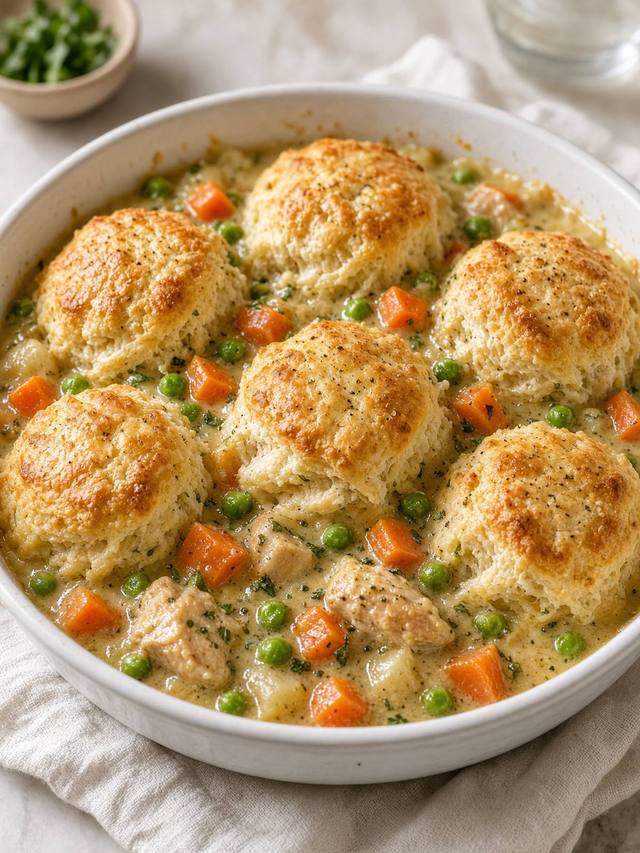 Golden biscuit rounds over a creamy chicken, pea, and carrot filling that bubbles at the edges of the dish.