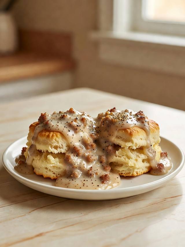 Split buttermilk biscuits covered in peppered sausage gravy on a plate