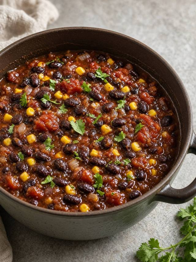 Pot of black bean chili with corn.