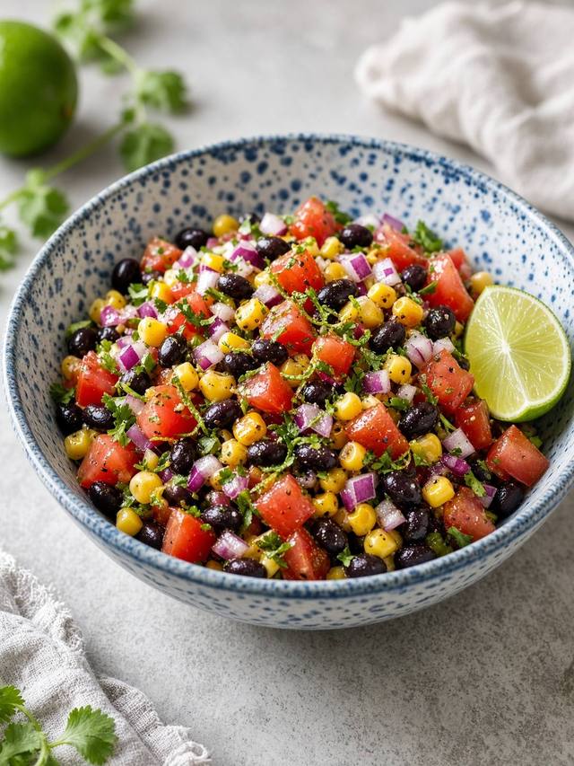 Bowl of black bean and corn salad with tomato and lime.