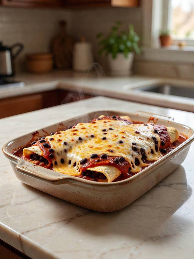 Baking dish of black bean enchiladas covered in red sauce and melted cheese