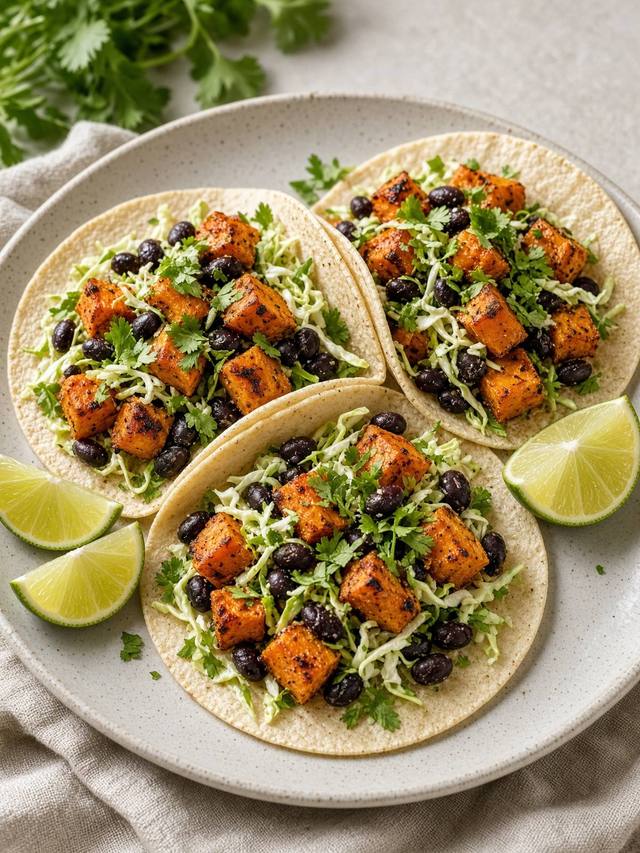 Tortillas filled with roasted sweet potato, black beans, and cabbage slaw.