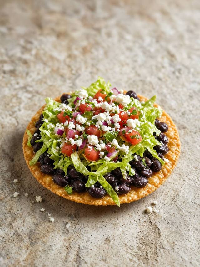 A crisp tostada topped with black beans, lettuce, salsa, and crumbled cheese.