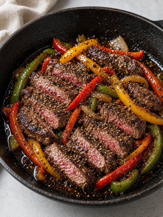 Sliced steak and bell peppers in a black pepper sauce.