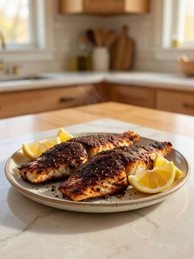 Blackened catfish fillets on a plate with lemon wedges and a dark spice crust