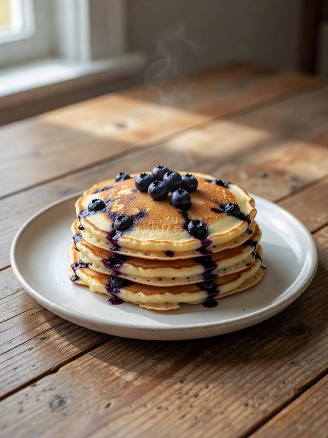 Stack of golden blueberry cornmeal pancakes with melting butter and scattered berries