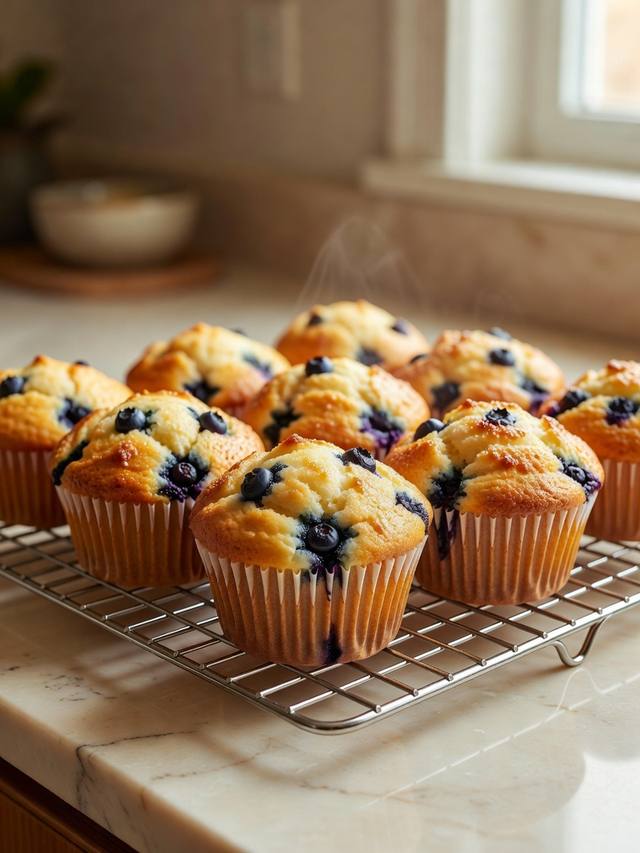 Golden blueberry muffins in paper liners with dark berries showing through the tops, cooling on a rack