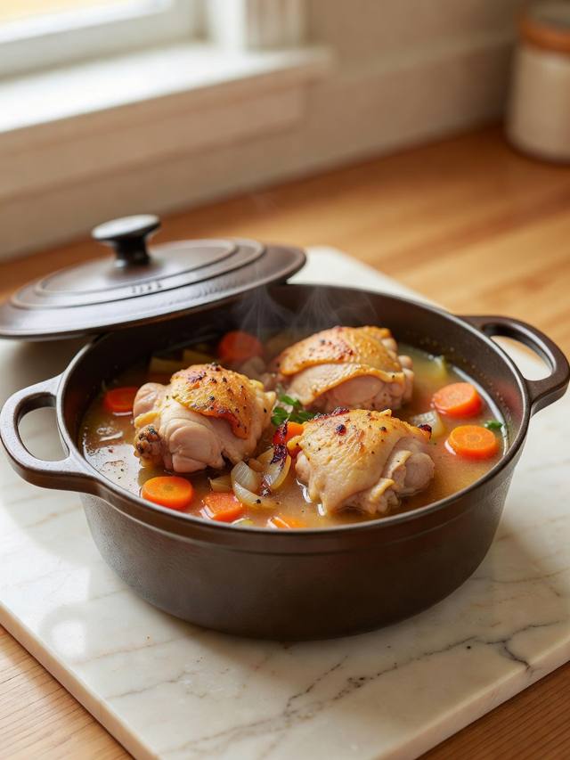 Dutch oven of braised chicken thighs with carrots and onion in a light tomato broth