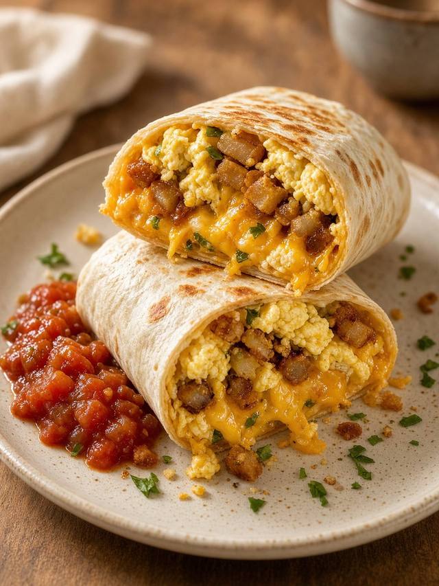 Breakfast burritos filled with scrambled eggs, diced potato, cheddar, and salsa.