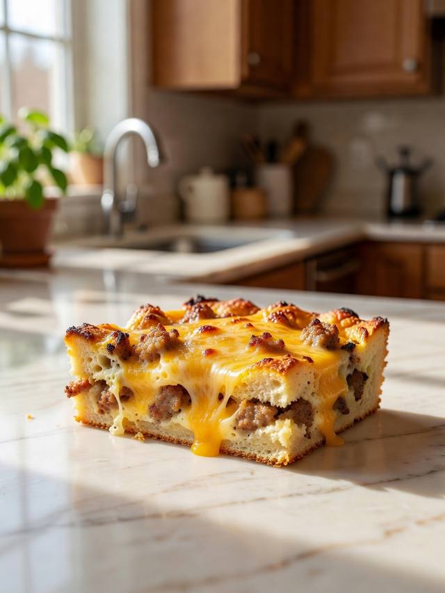 Baked breakfast casserole slice with sausage, bread cubes, and melted cheddar