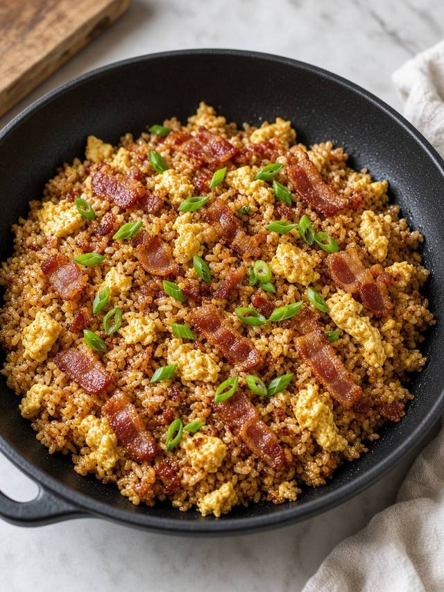 Skillet of fried rice with egg, bacon, and scallions.