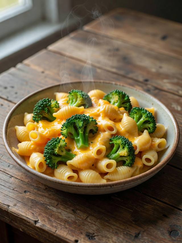Bowl of shell pasta with broccoli florets in yellow cheddar sauce