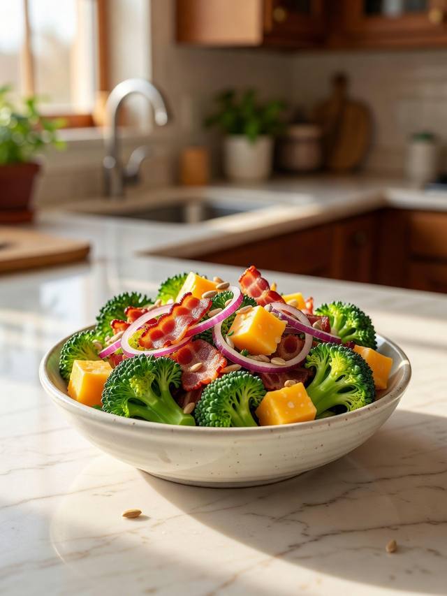 Bowl of broccoli salad with bacon, cheddar, red onion, and sunflower seeds