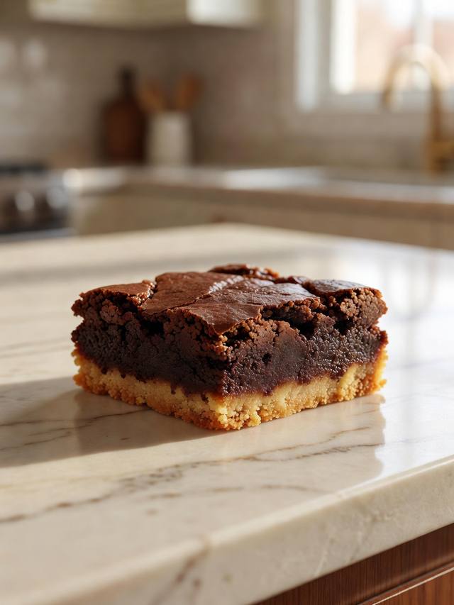 Square brookie with a dark brownie top and a golden cookie layer along the bottom edge
