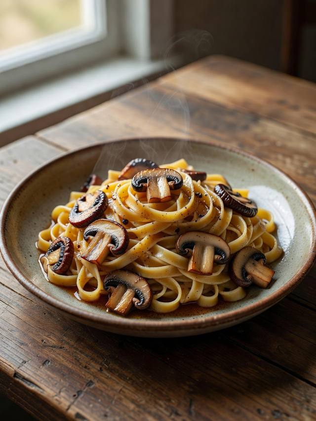 Tagliatelle coated in brown butter with sliced mushrooms and thyme