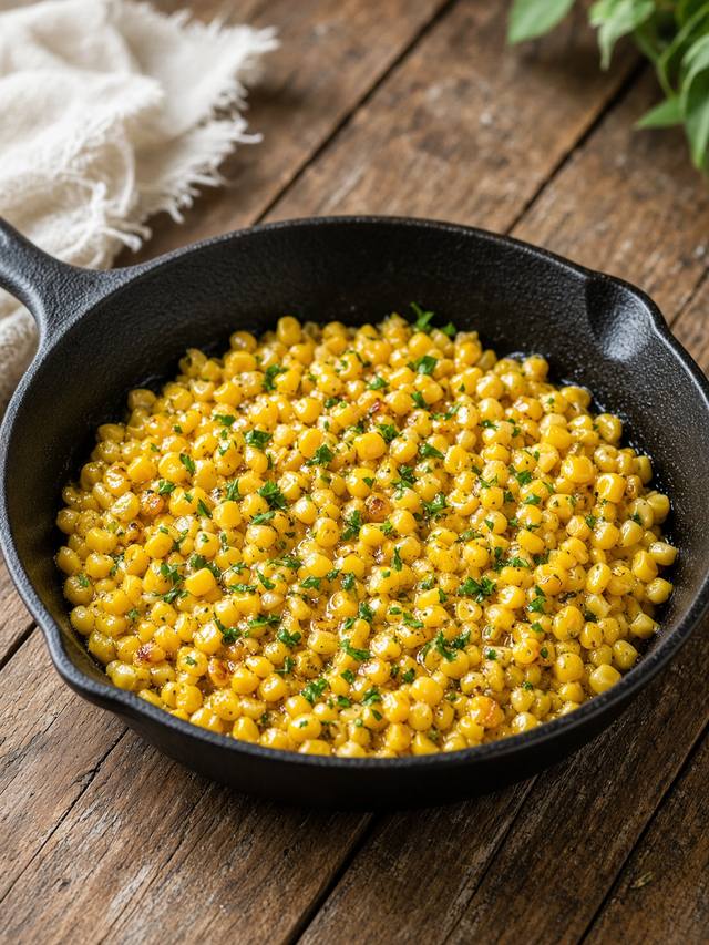 Skillet of seared corn in brown butter with chives