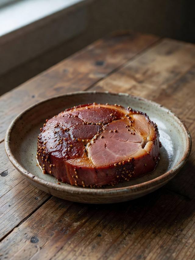 Glazed brown sugar mustard ham on a carving board