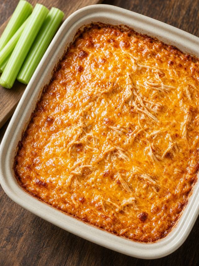 Bubbling buffalo chicken dip in a baking dish with celery sticks