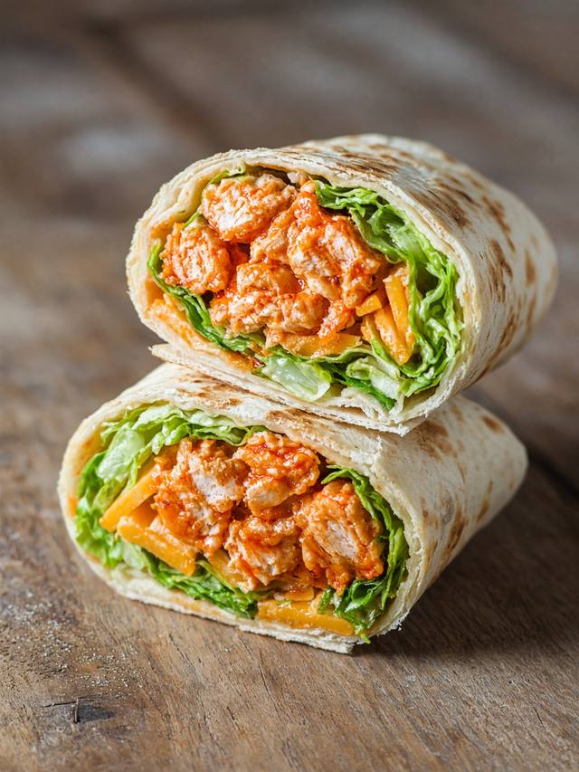 Buffalo chicken wrap cut in half showing chicken, lettuce, and ranch