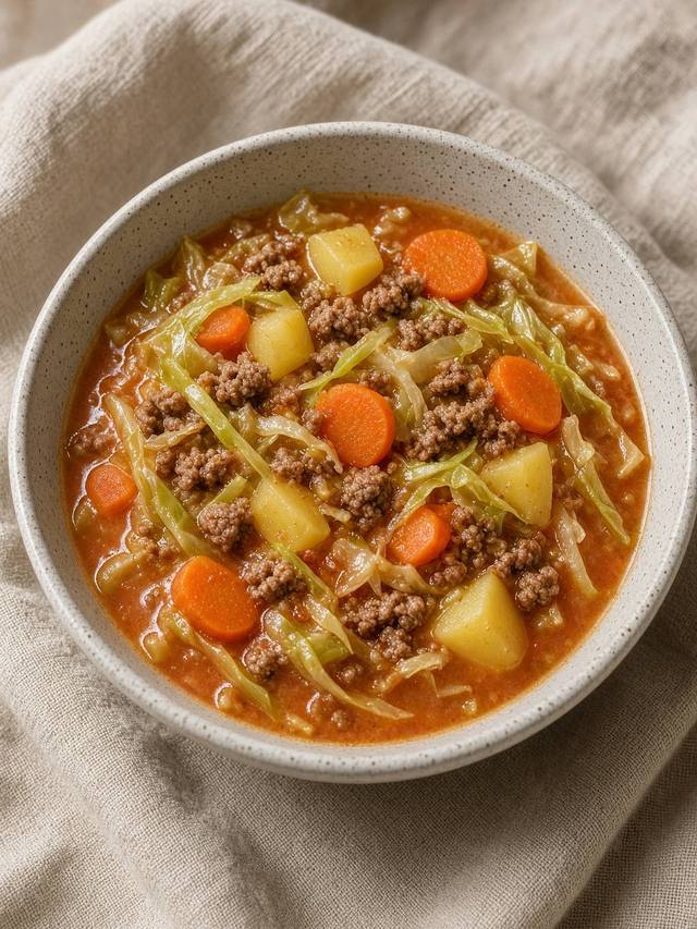 Bowl of cabbage and beef soup with carrot and potato.