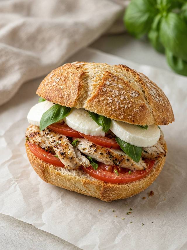 A chicken sandwich with tomato, mozzarella, and basil.